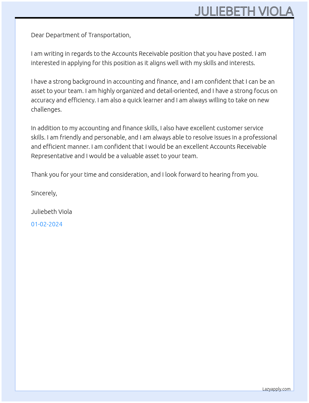 Accounts Receivable At Department of Transportation Cover Letter