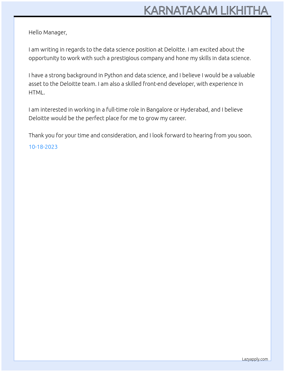 Data science At Deloitte Cover Letter