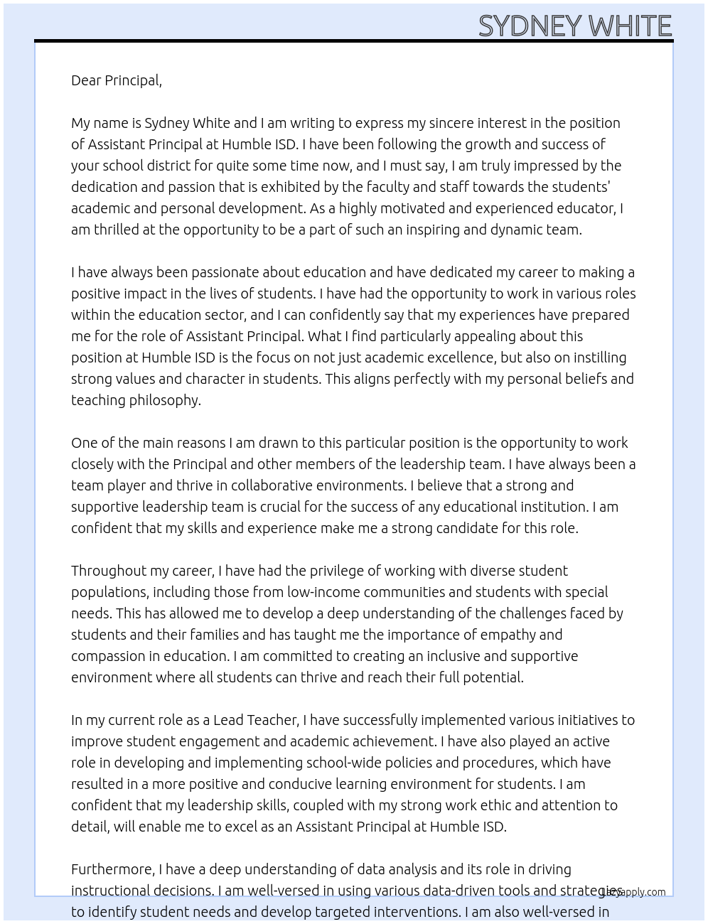 Assistant Principal At Humble ISD Cover Letter