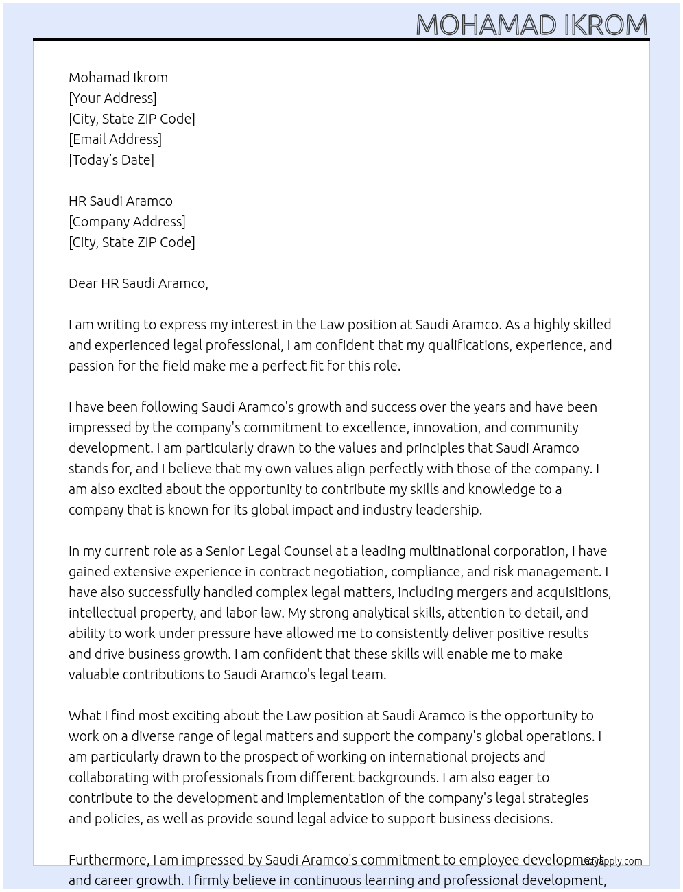 Law At Saudi Aramco Cover Letter