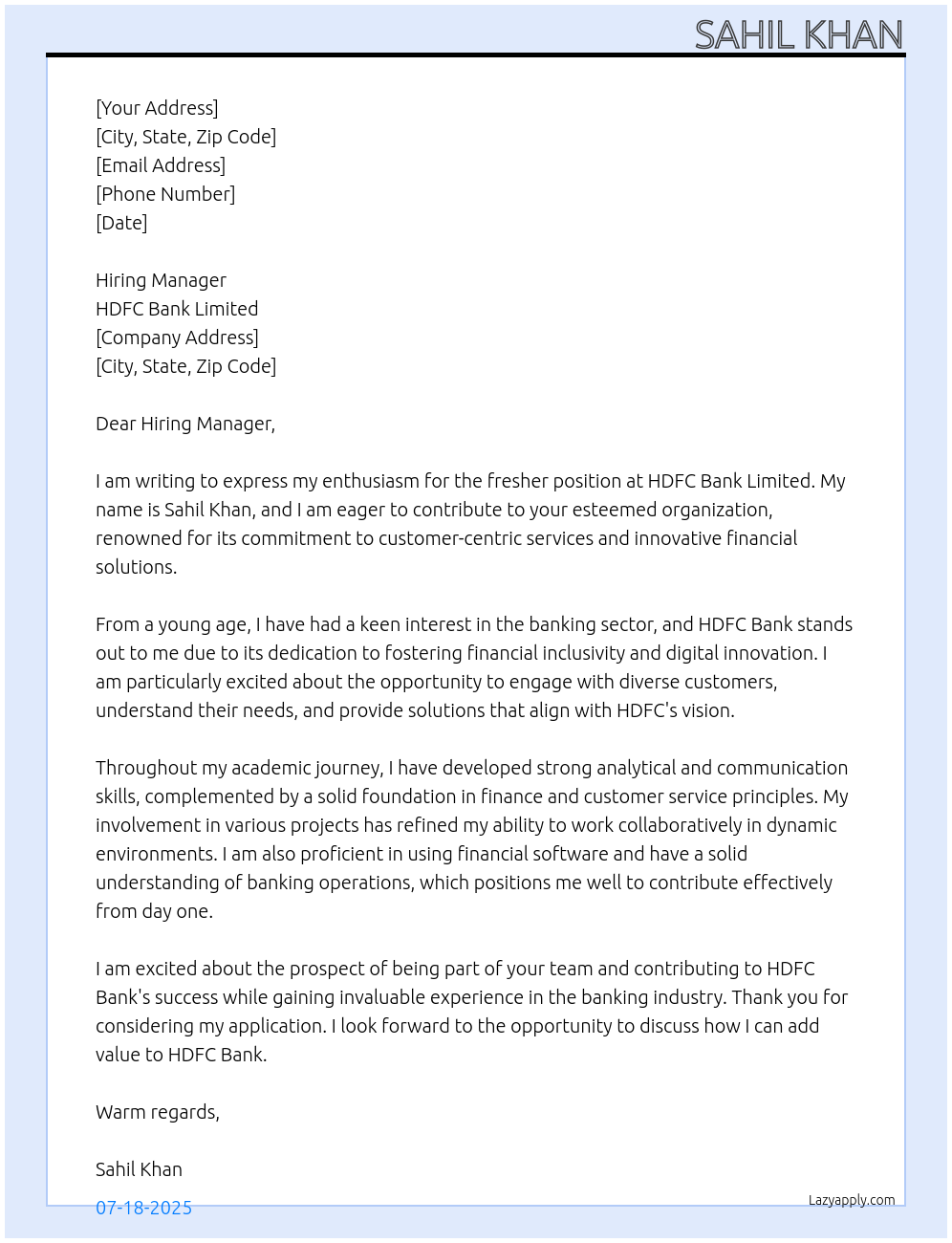 Fresher At HDFC Bank limited  Cover Letter