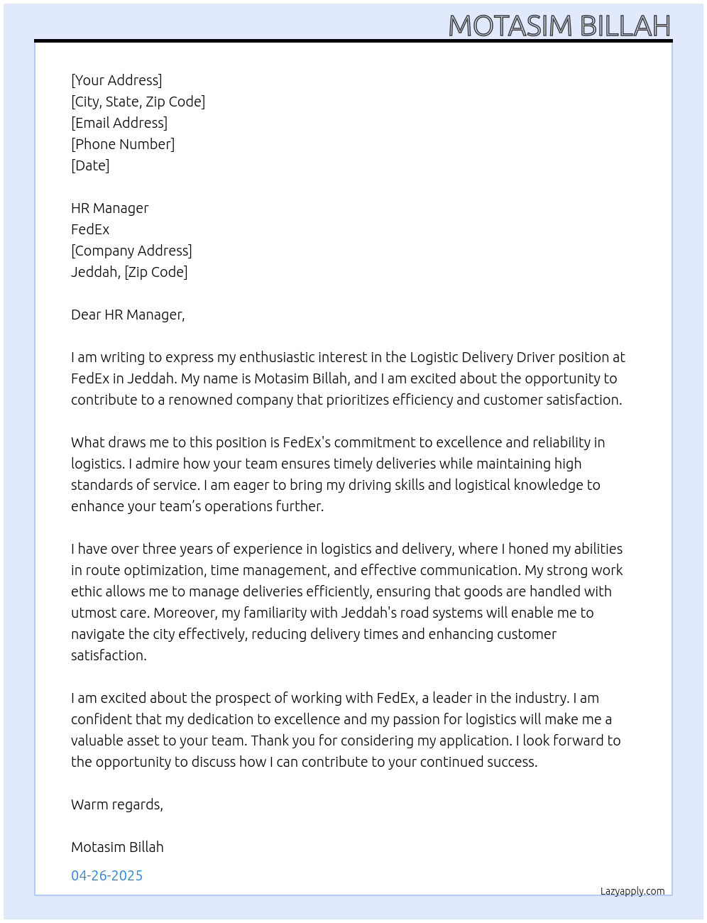 Logistic Delivery Driver At FedEx Cover Letter