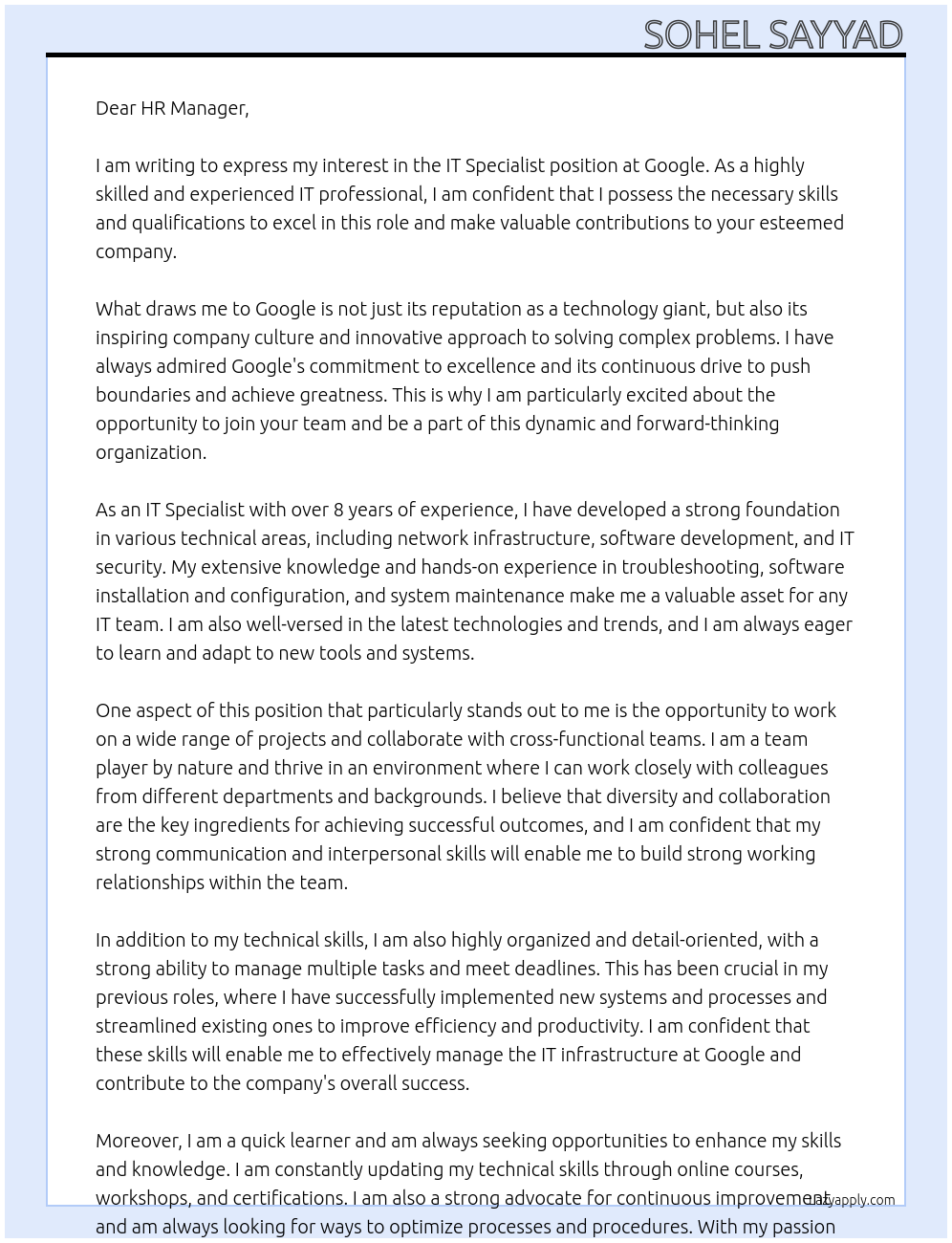 IT Specialist At Google Cover Letter