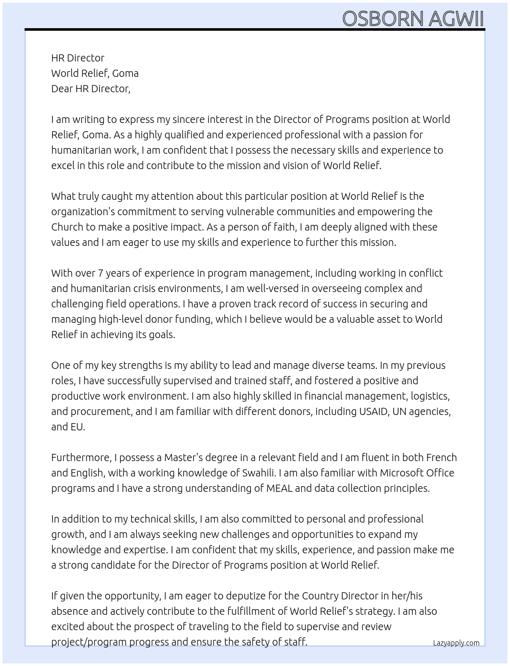 Director of Programs At World Relief, Goma Cover Letter