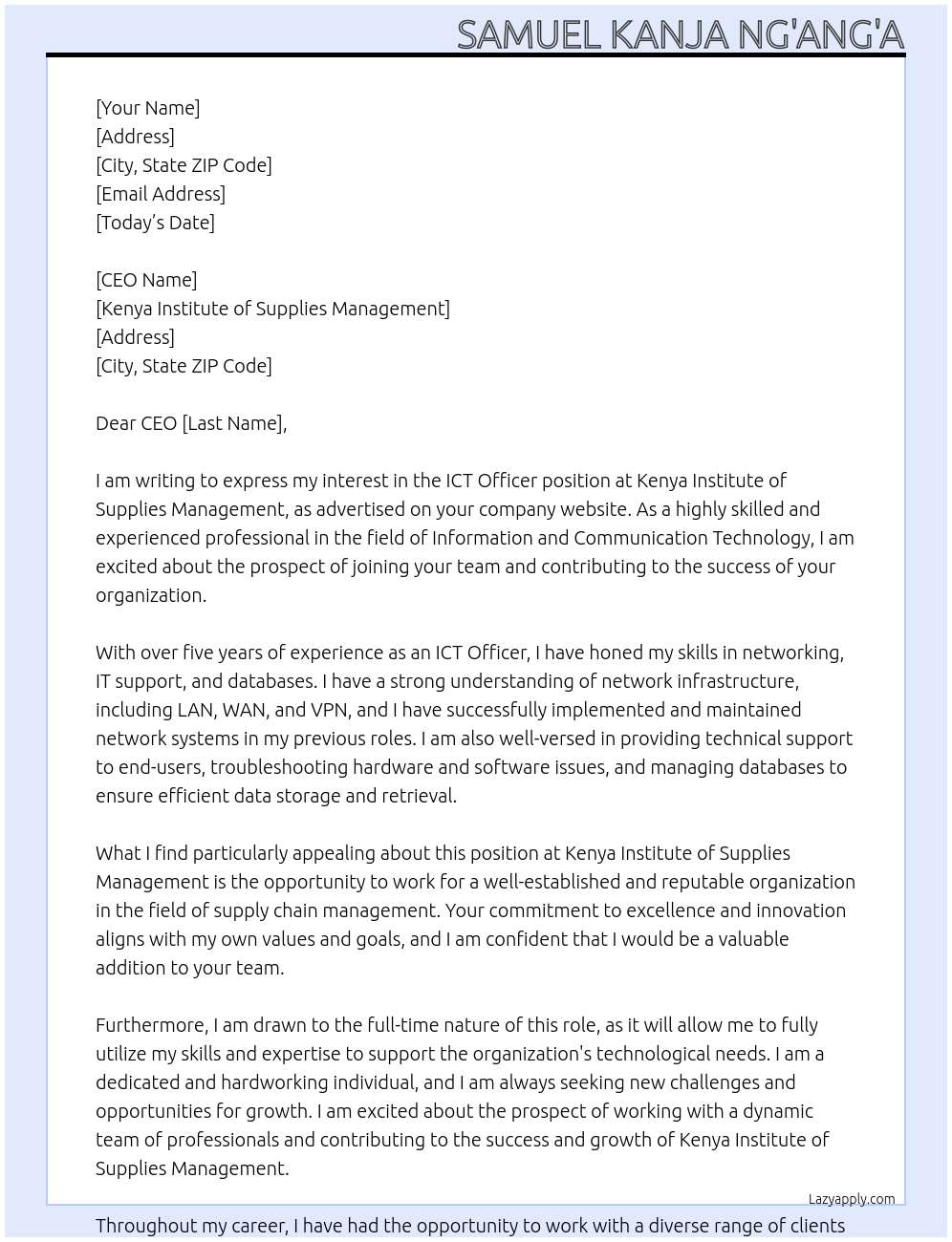 ICT OFFICER At kenya institute of Supplies management Cover Letter