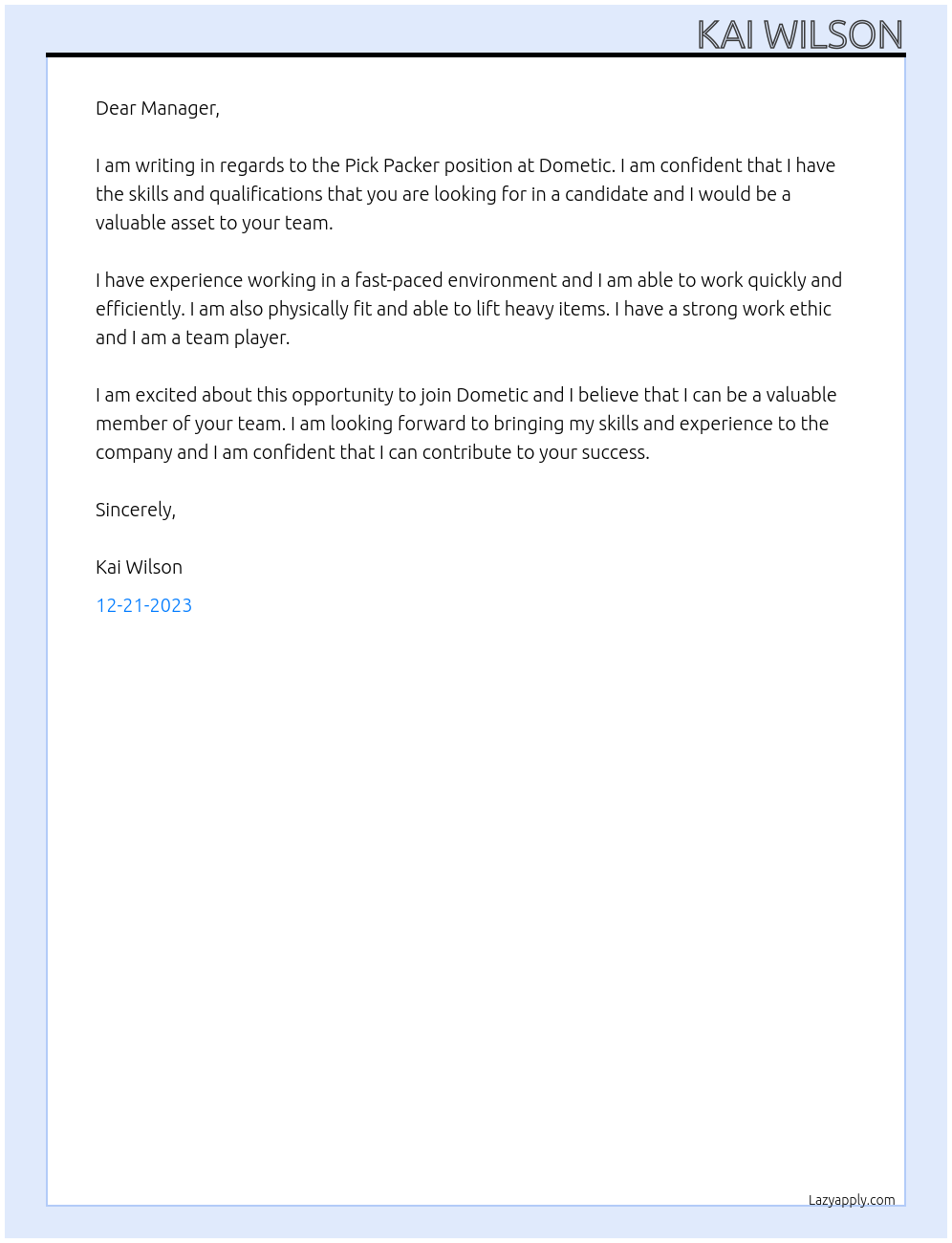 Pick Packer  At Dometic Cover Letter