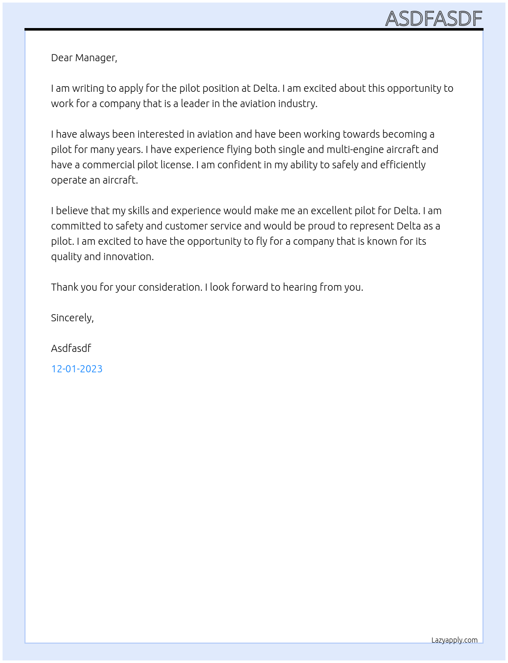 pilot At delta Cover Letter