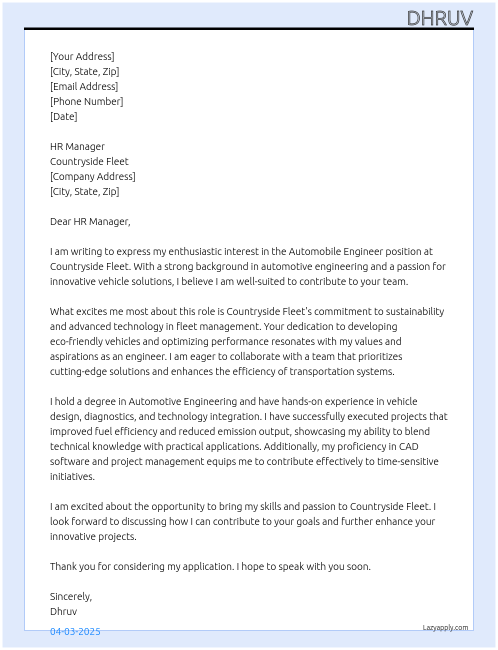 automobile Engineer At Countryside Fleet Cover Letter