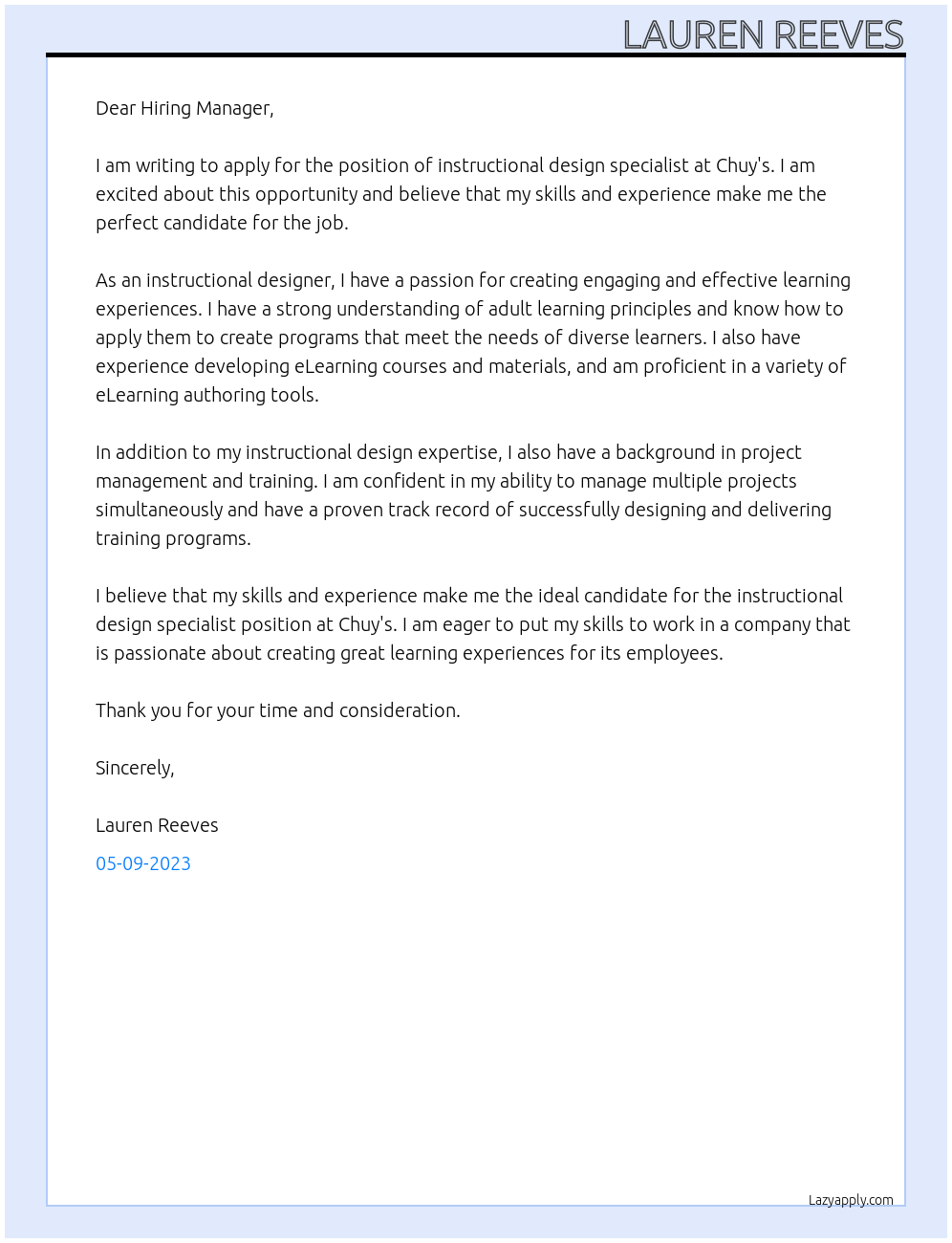 Instructional Design Specialist At Chuy's Cover Letter