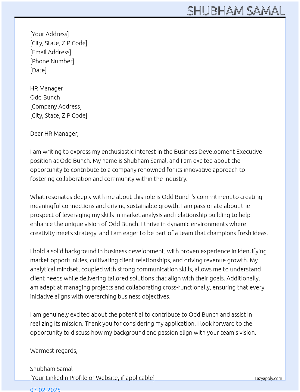 Business Development Executive At Odd Bunch Cover Letter