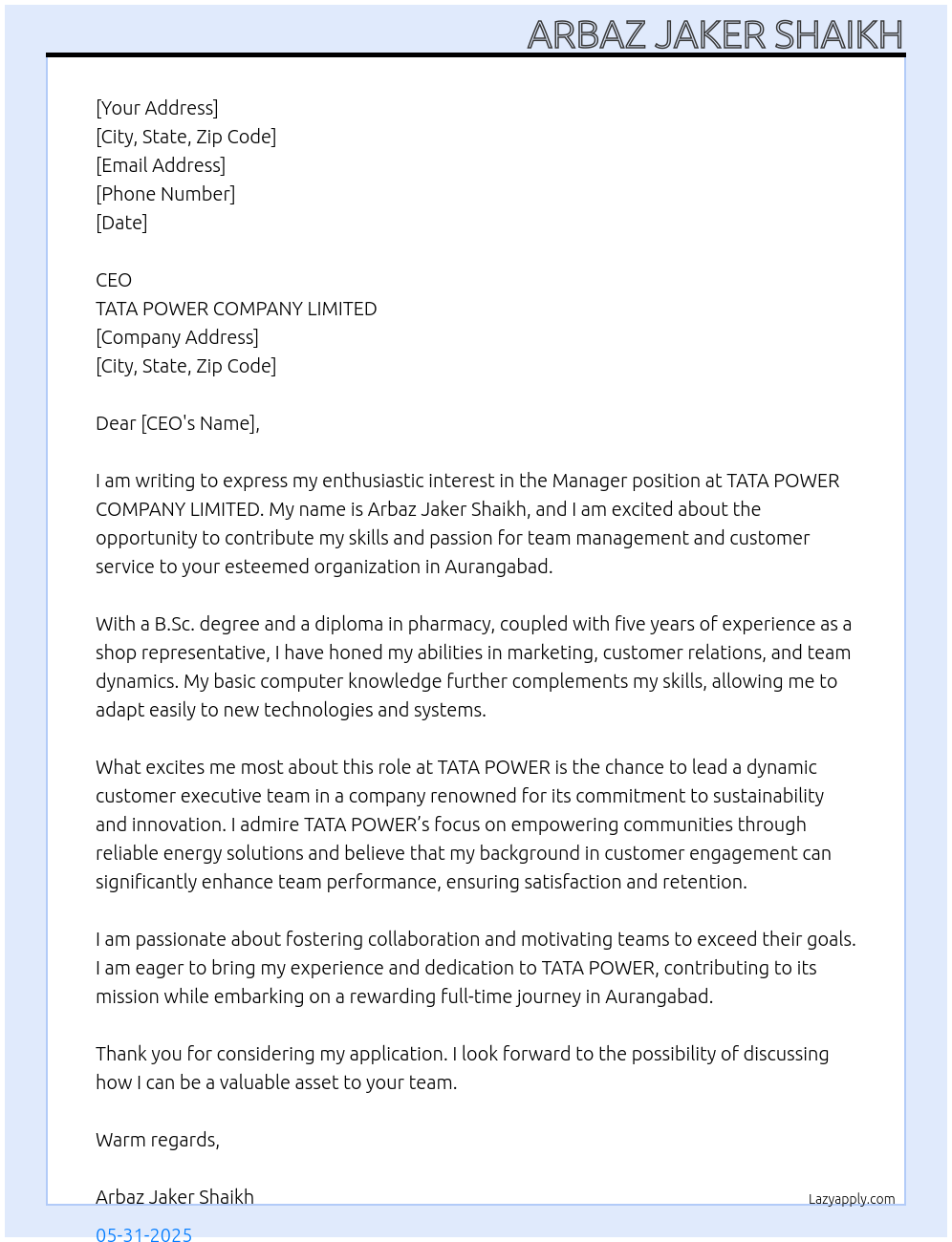 Manager At TATA POWER COMPANY LIMITED Cover Letter