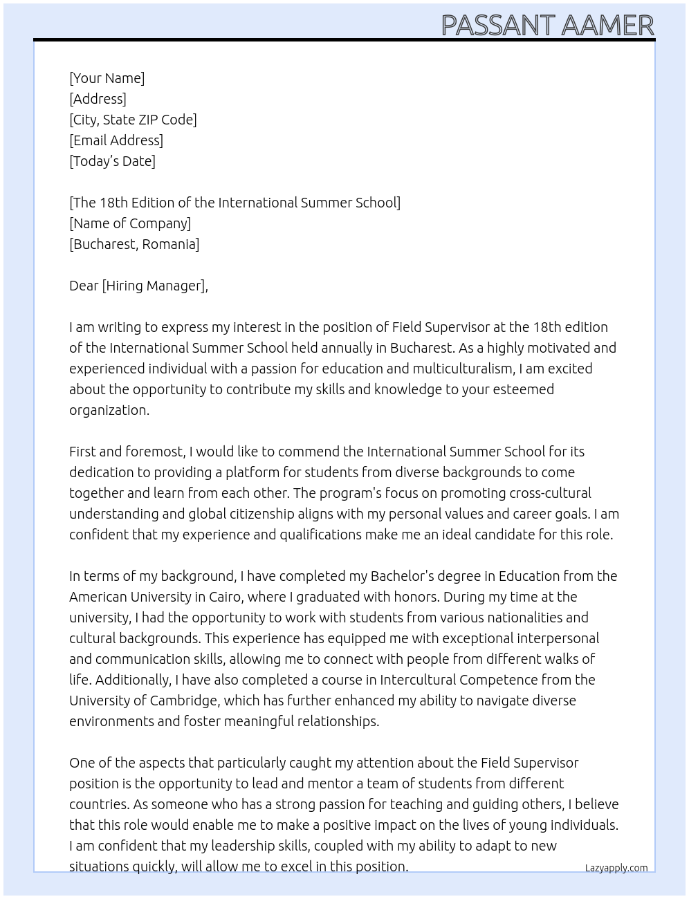 Field Supervisor At International summer school in Bucharest Cover Letter