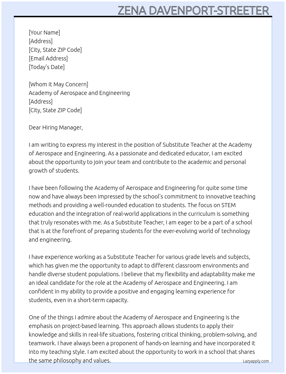 Substitute Teacher At Academy of Aerospace and Engineering Cover Letter