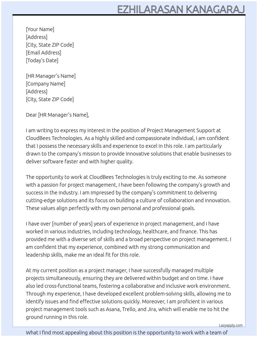 project management support At cloudbees technologies Cover Letter