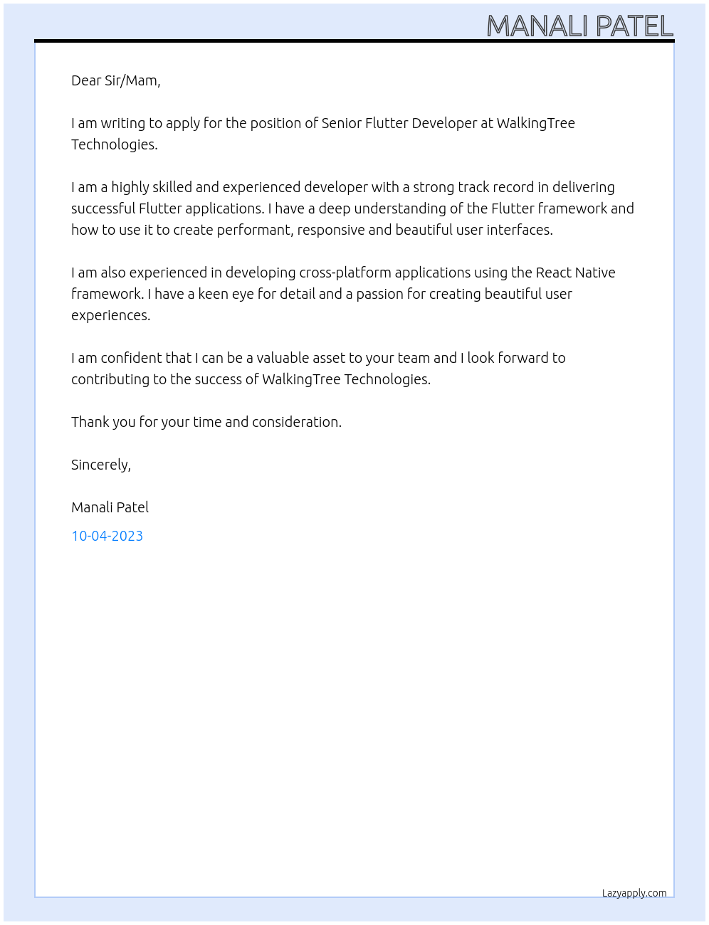 Senior Flutter Developer At WalkingTree Technologies Cover Letter