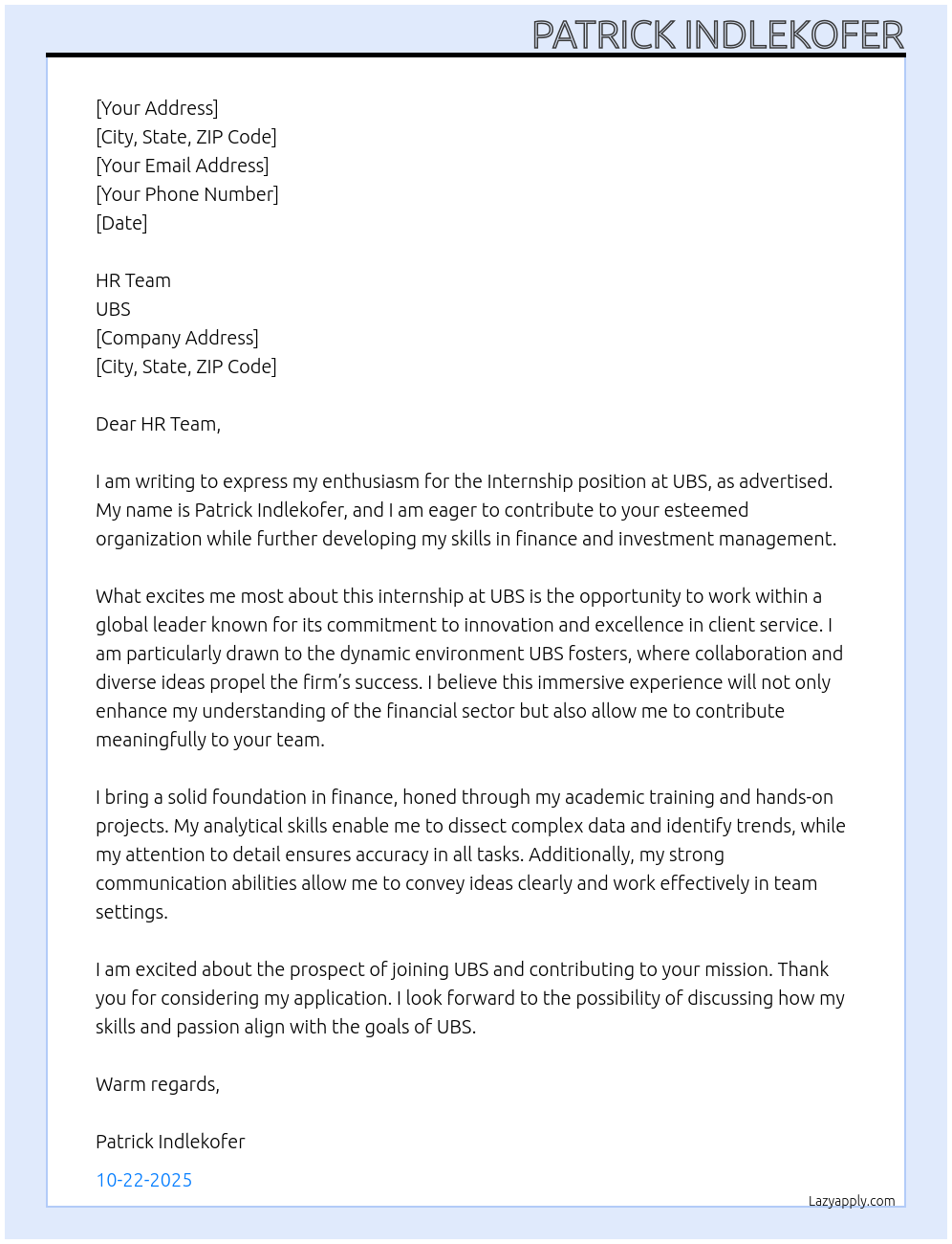 Internship At UBS Cover Letter