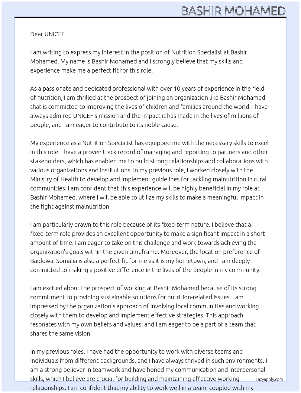 Nutrition Specialist At Bashir Mohamed Cover Letter