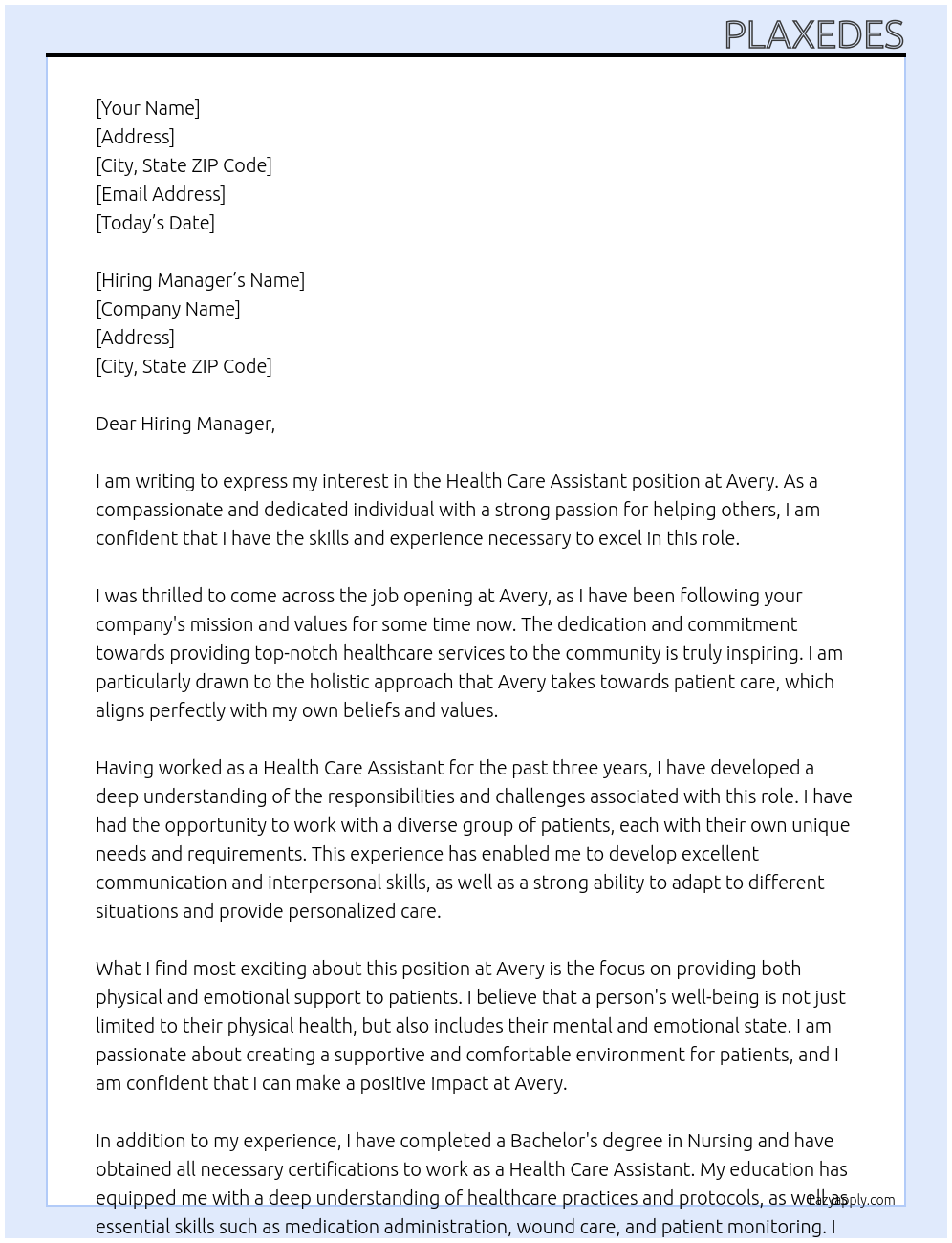 Health Care Assistant At Avery Cover Letter