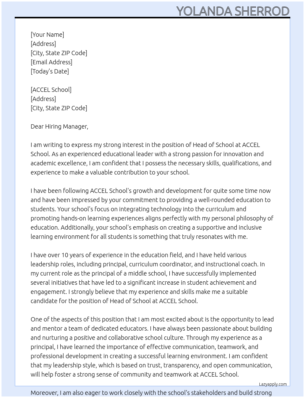 Head of School At ACCEL School Cover Letter