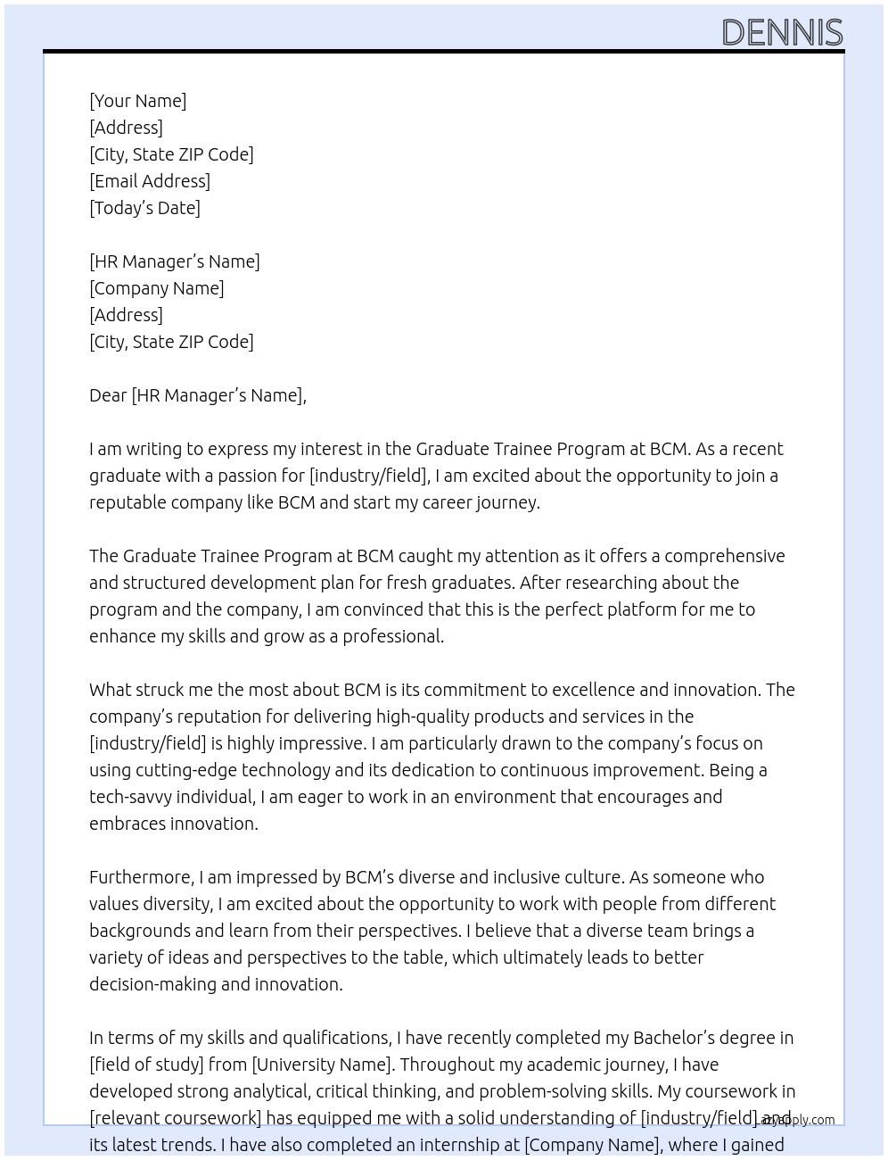 Graduate Trainee Program At BCM Cover Letter