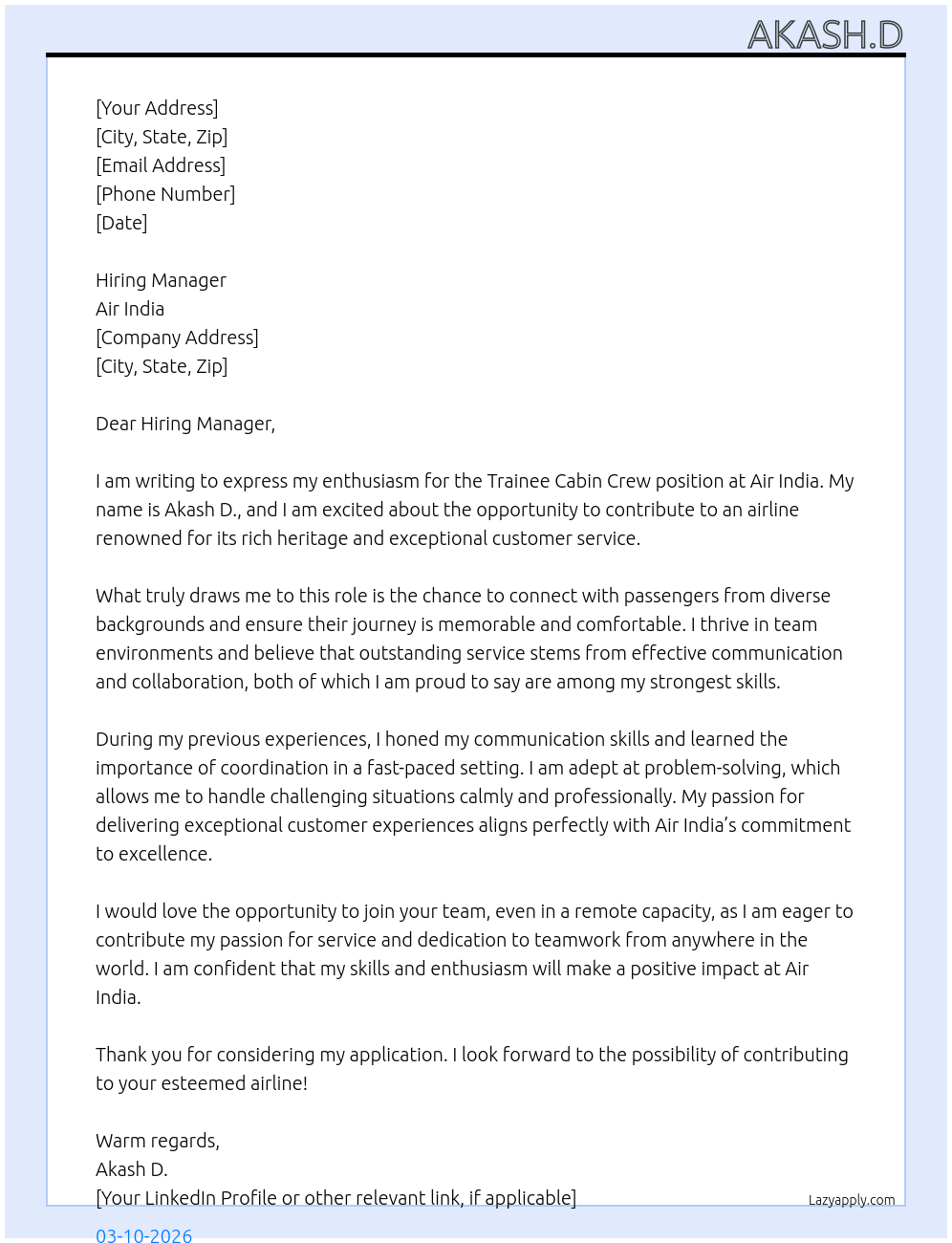 Trainee cabin crew At Air india Cover Letter