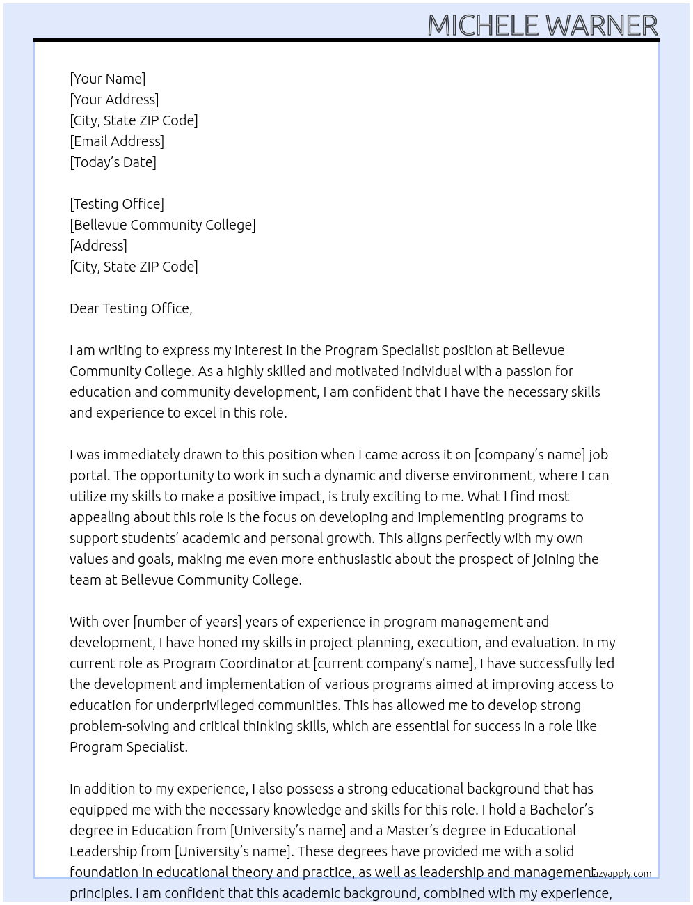 Program Specialist At Bellevue Community College Cover Letter