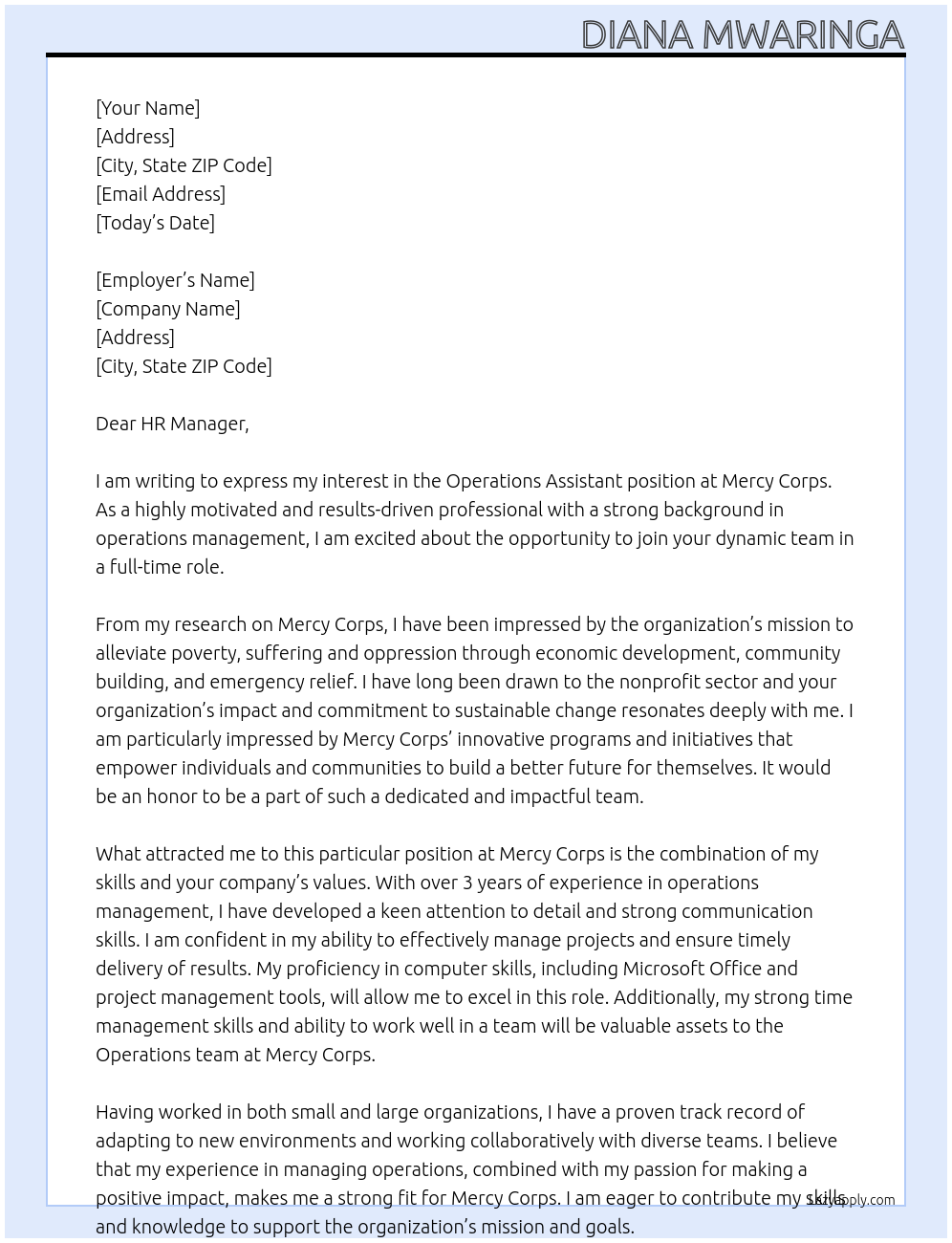 Operations Assistant At Mercy Corps Cover Letter