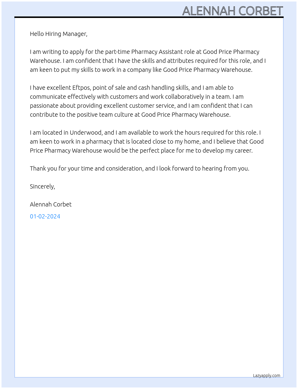 Pharmacy Assistant At Good Price Pharmacy Warehouse Cover Letter