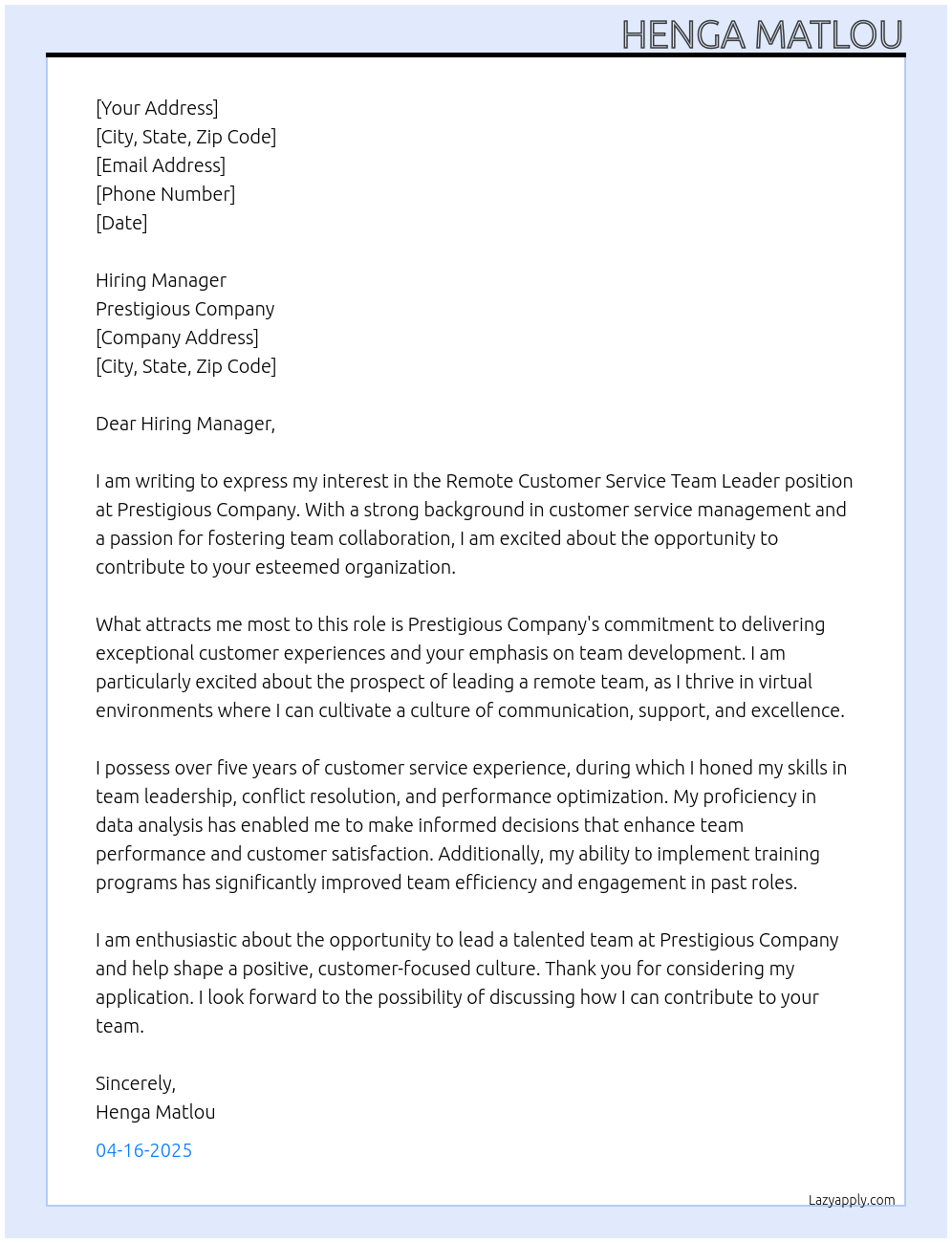 Cover letter for remote customer service team leader - LazyApply