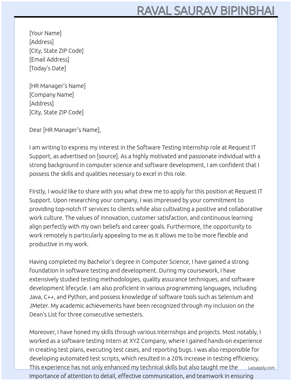 Software testing  At Request IT Support Cover Letter