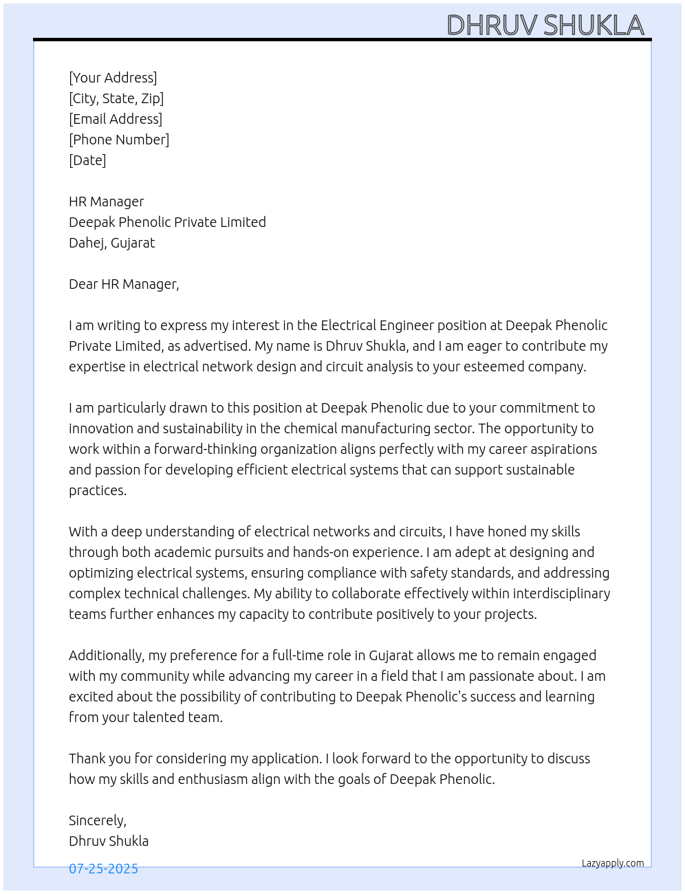 Electrical Engineer At Deepak phenolic private limited,dahej Gujarat Cover Letter