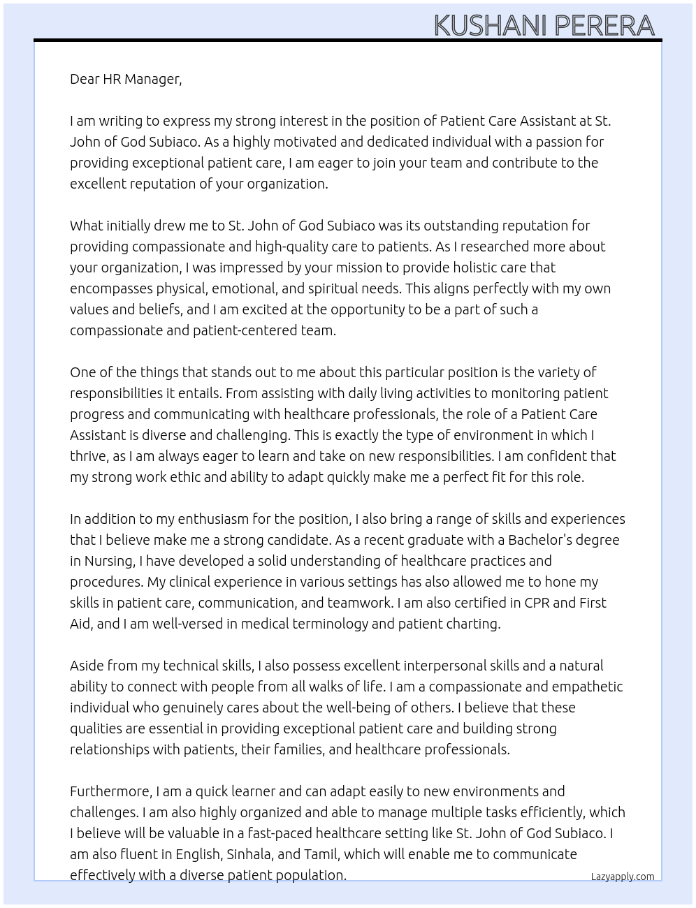 Patient care assistant  At St. John of God Subiaco  Cover Letter