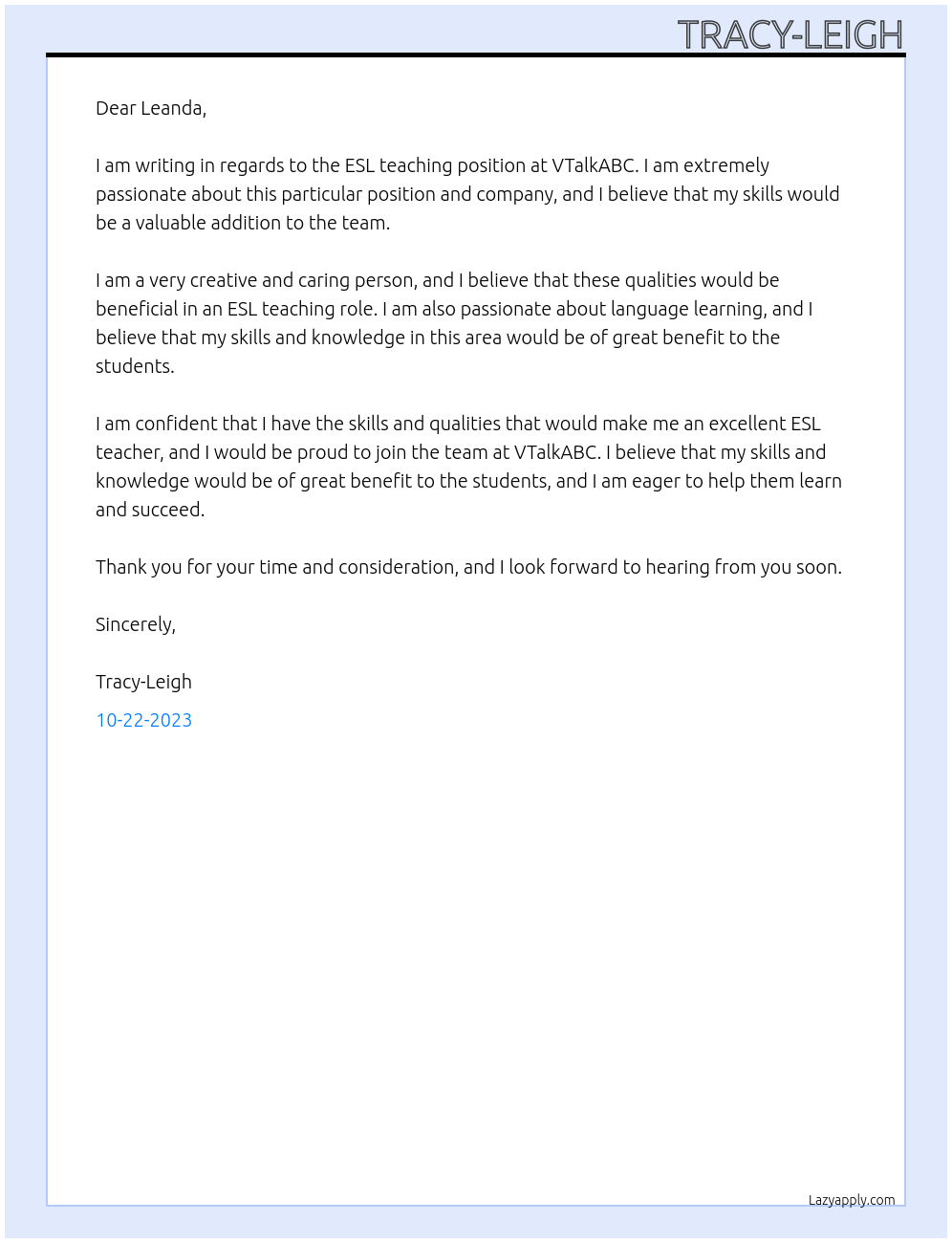 ESL teacher At VTalkABC Cover Letter