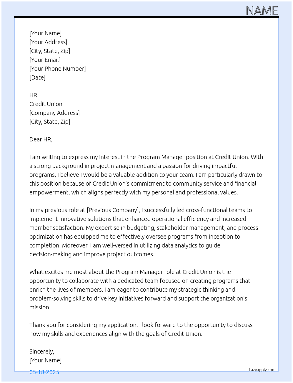 Program Manager At Credit union Cover Letter