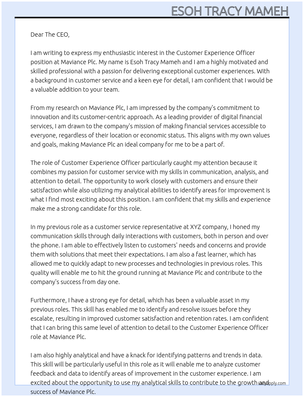 Customer Experience Officer At Maviance Plc Cover Letter
