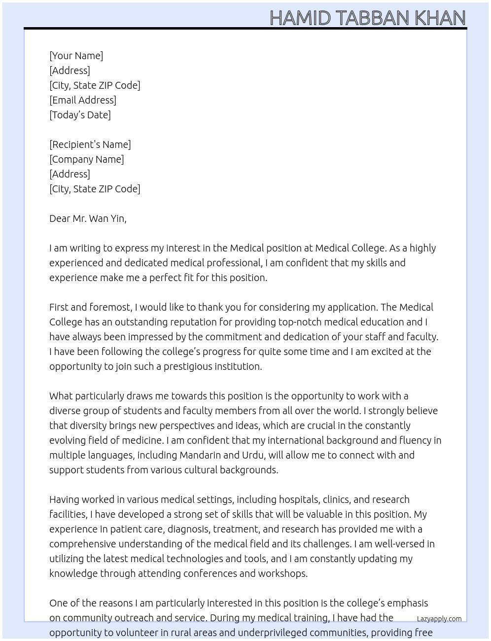 Medical At Medical college Cover Letter