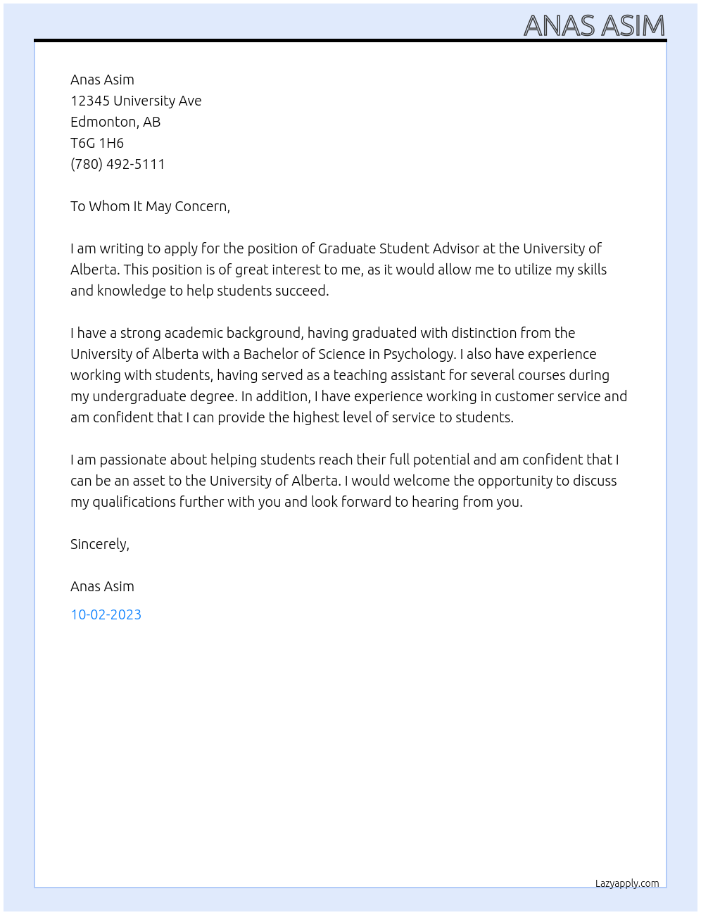 Graduate Student Advisor At University of Alberta Cover Letter