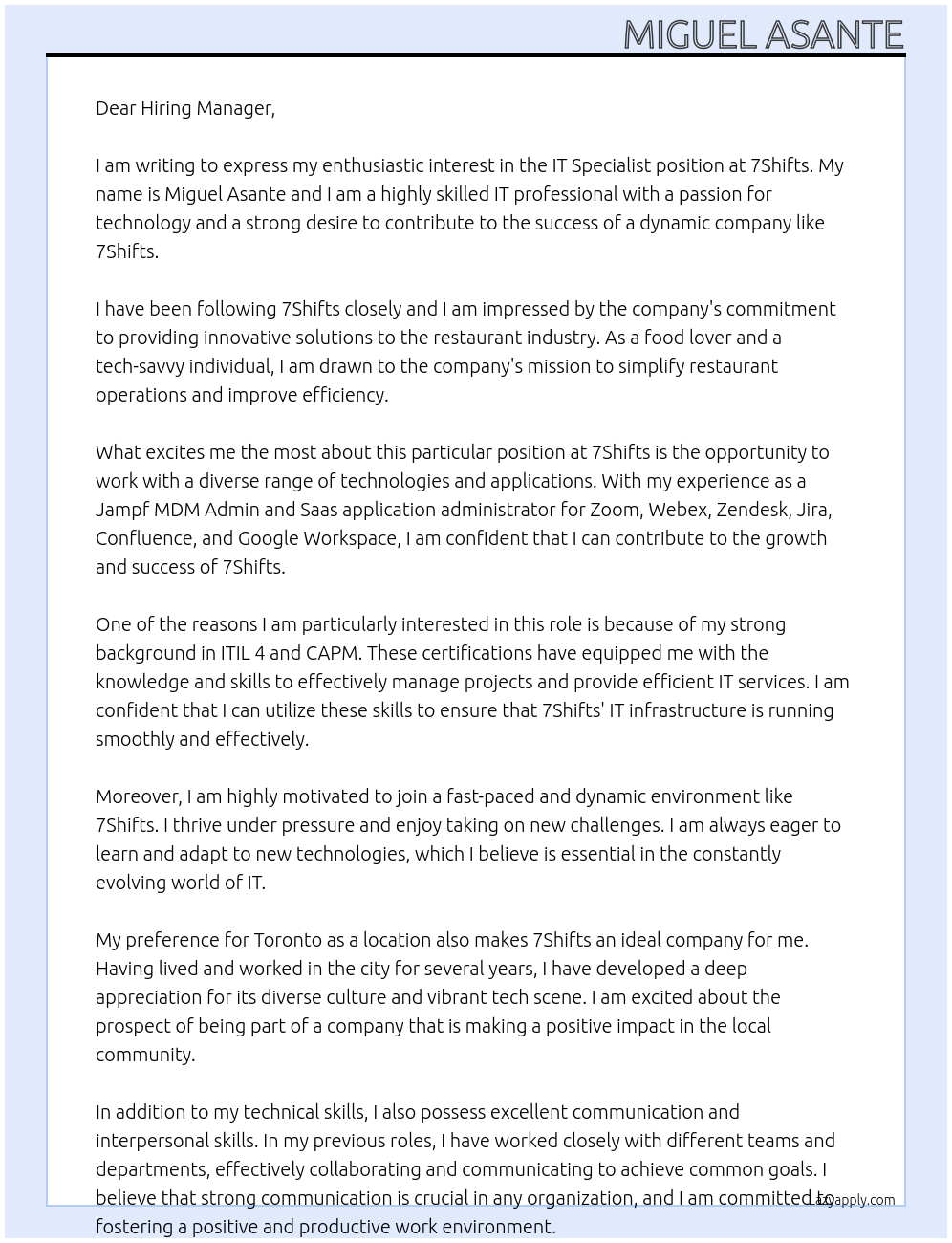 IT Specialist At 7Shifts Cover Letter