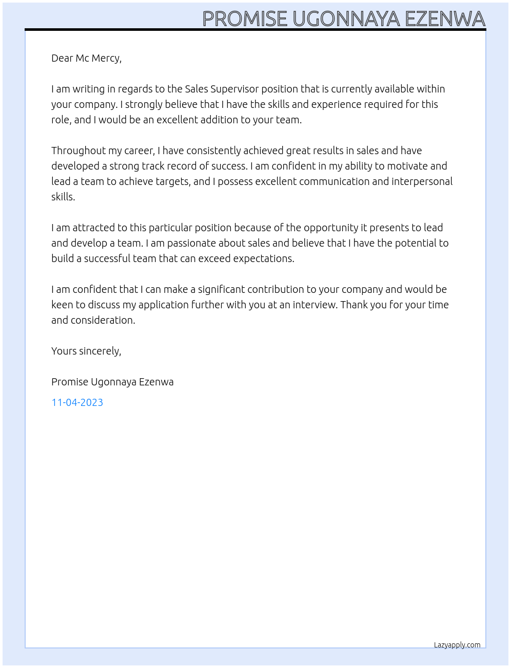 Sales Supervisor At Mc Mercy Cover Letter