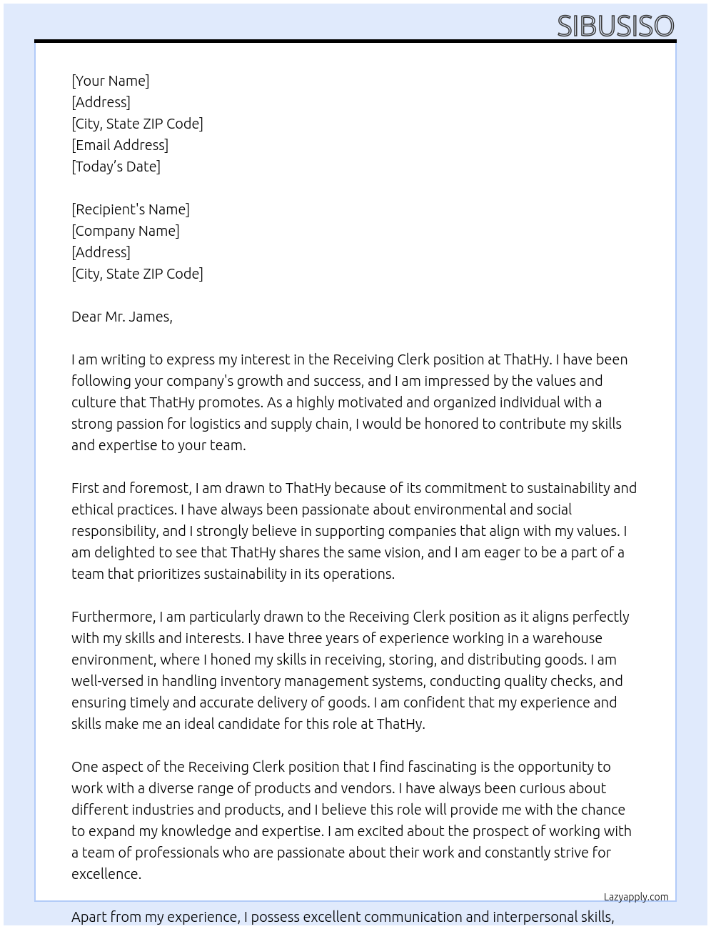 Receiving Clerk At thathy Cover Letter