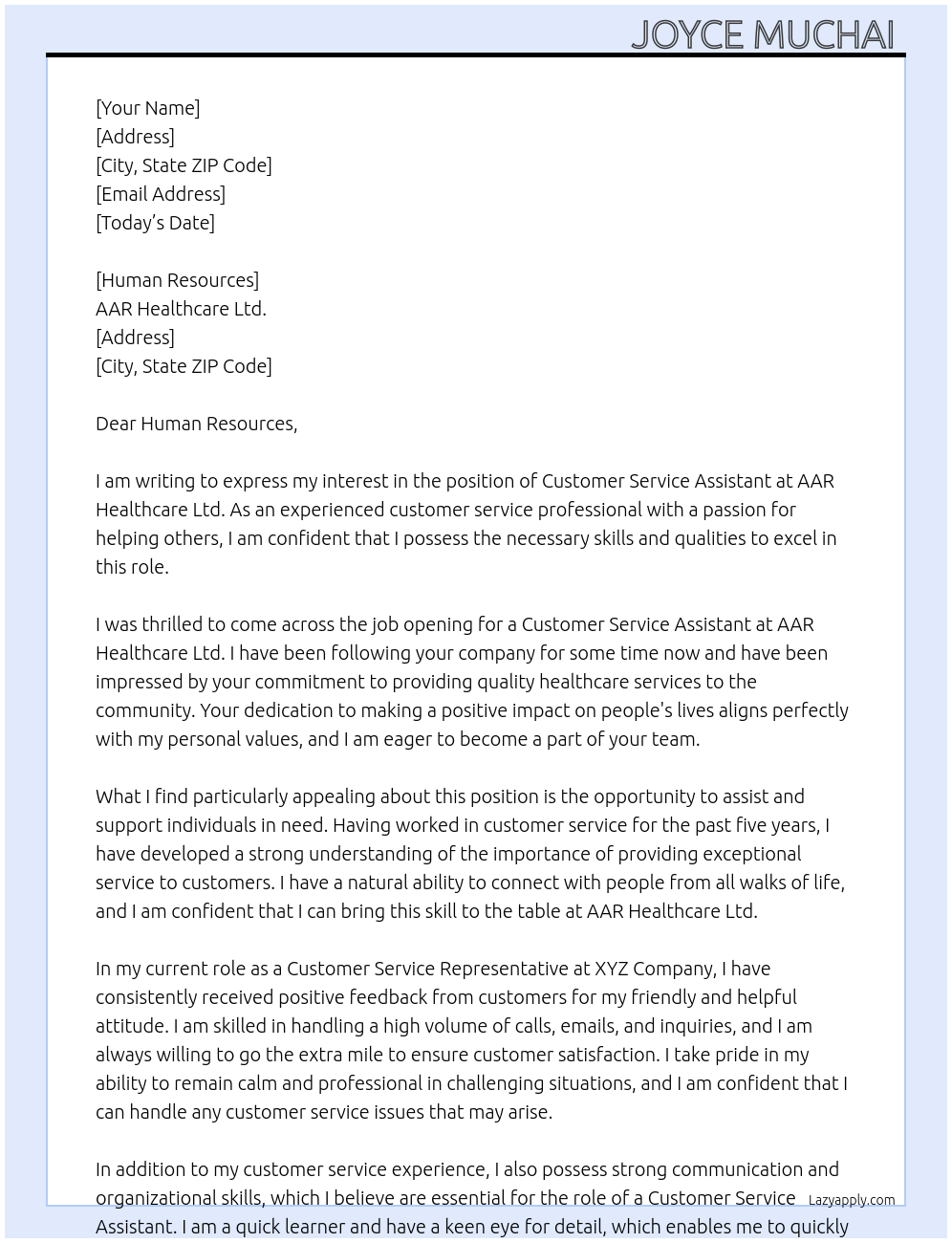 Customer Service Assistant  At AAR HELTHCARE LTD  Cover Letter