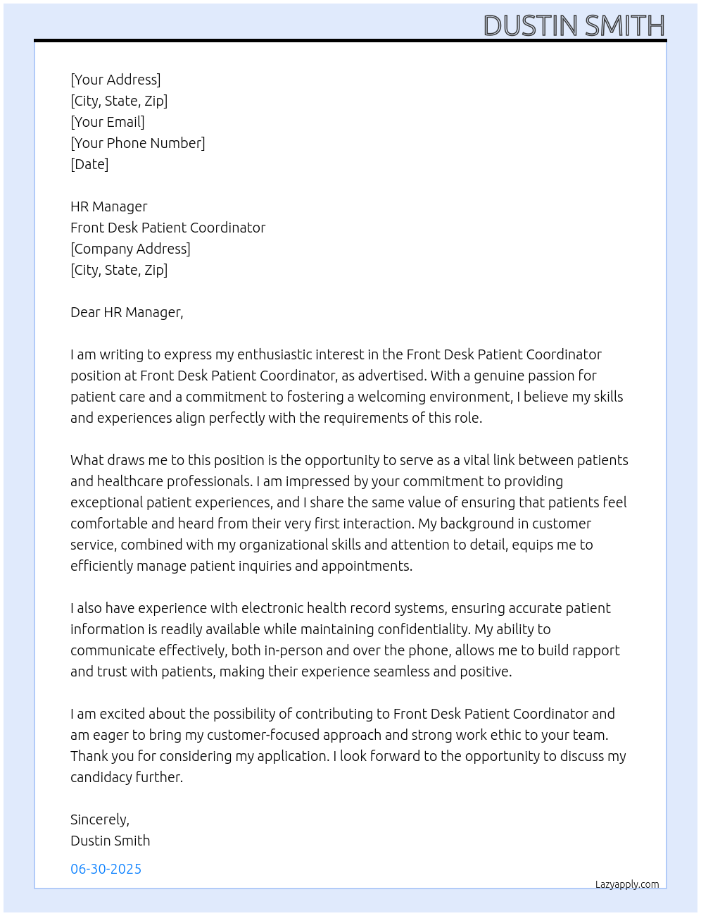 Front Desk Patient Coordinator At Front Desk Patient Coordinator Cover Letter