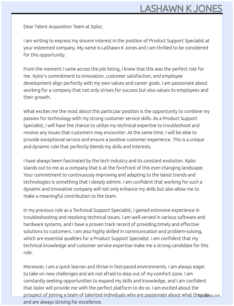 Product Support Specialist At Xplor Cover Letter