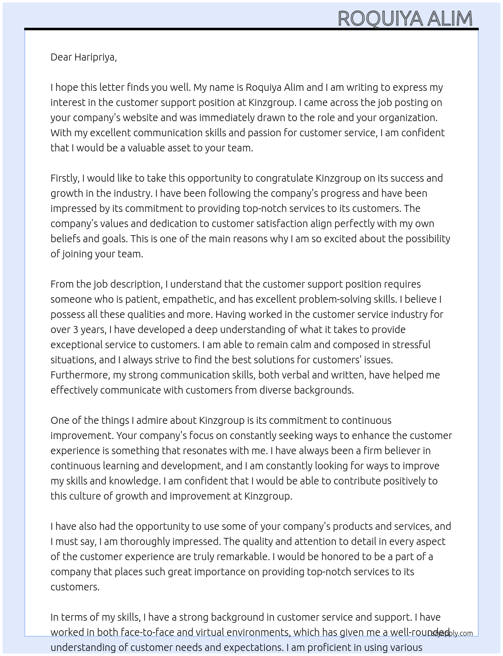 customer support  At  kinzgroup Cover Letter
