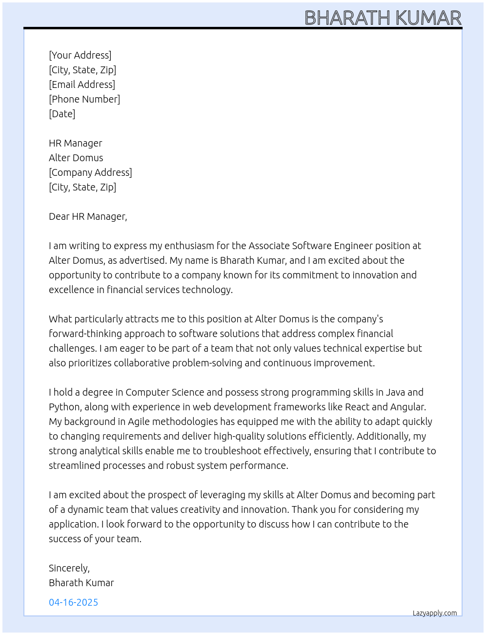 associate software engineer At alter domus Cover Letter