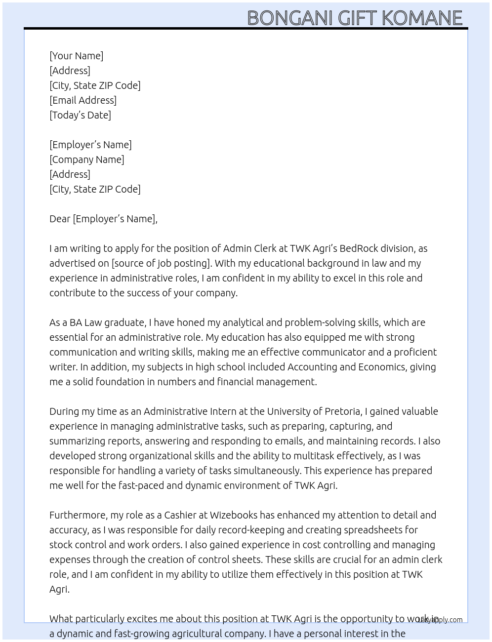 Admin Clerk At TWK Agri Cover Letter