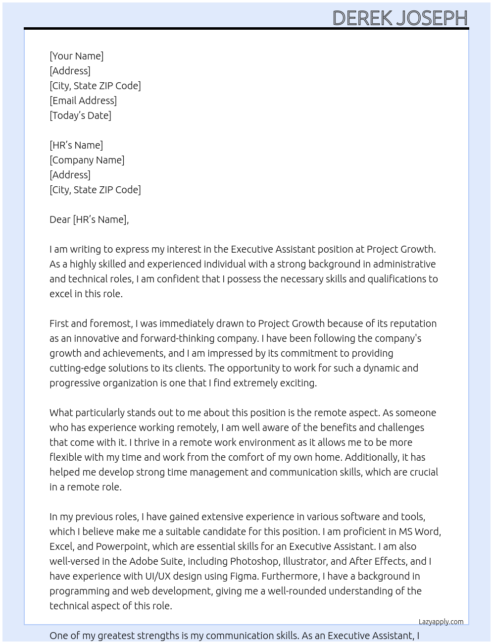 Executive Assitant At Project Growth Cover Letter