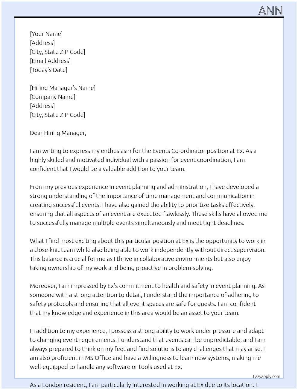 Events Co-ordinator At Ex Cover Letter