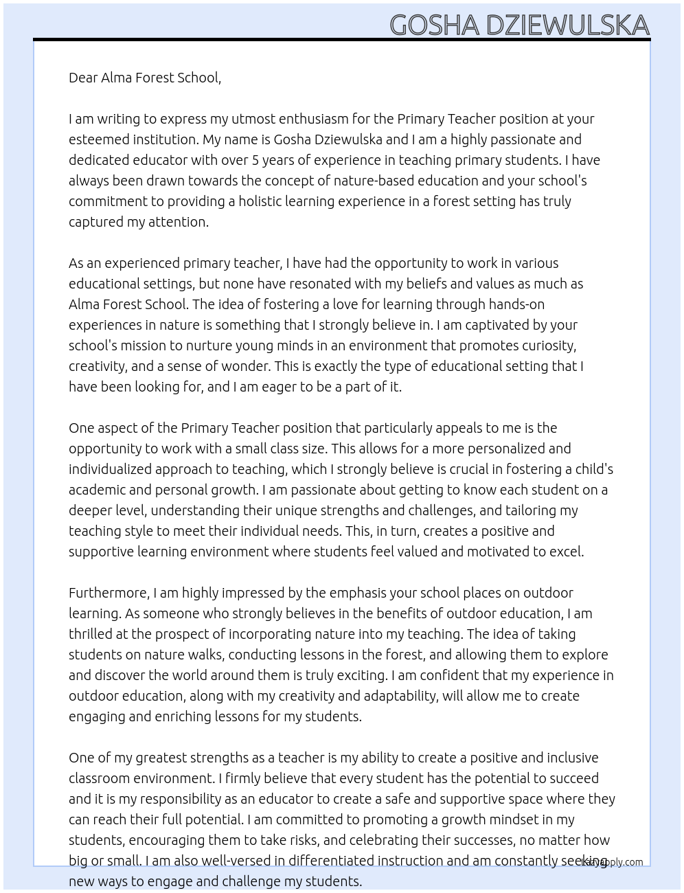 Primary Teacher At Alma Forest School Cover Letter
