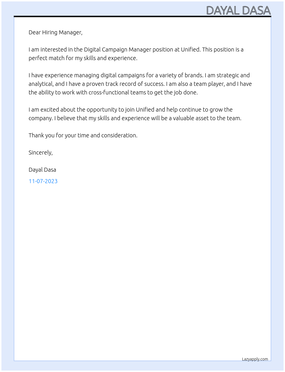 Digital Campaign Manager At Unified Cover Letter